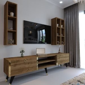 Festival Tv Ünitesi G3006-2 CEVİZ - COLOR Gold detaylı Minifiks Bağlantı Tv Sehpası ve Duvar Rafı
