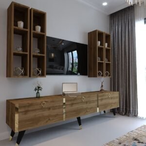 Festival Tv Ünitesi G3002-2 CEVİZ - COLOR Gold detaylı Minifiks Bağlantı Tv Sehpası ve Duvar Rafı