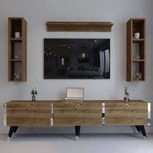 Festival Tv Ünitesi S3008-2 CEVİZ - COLOR Silver detaylı Minifiks Bağlantı Tv Sehpası ve Duvar Rafı