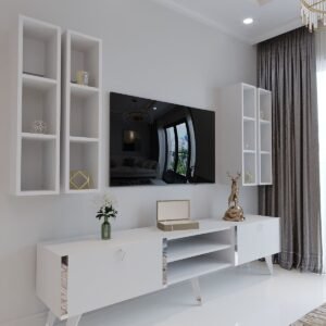 Festival Tv Ünitesi S3001-1 Beyaz Parlak Silver detaylı Minifiks Bağlantı Tv Sehpası ve Duvar Rafı