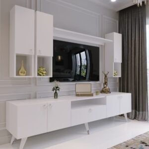 Modern Tv Sehpası Silver Gümüş Üçgen Kulp Kepli S8024-1-1 Beyaz