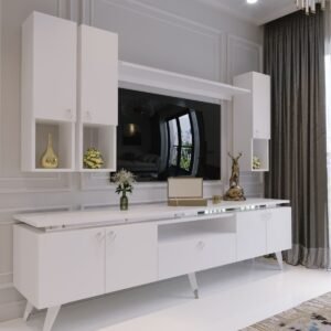 Modern Tv Sehpası Gold Üçgen Kulp Kepli S9024-1-1 Beyaz 35 Cm Derinlik