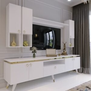 Modern Tv Sehpası Gold Üçgen Kulp Kepli G9024-1-1 Beyaz 35 Cm Derinlik